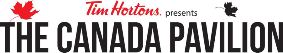 The Canada Pavilion sign with maple leafs and Tim Hortons logo